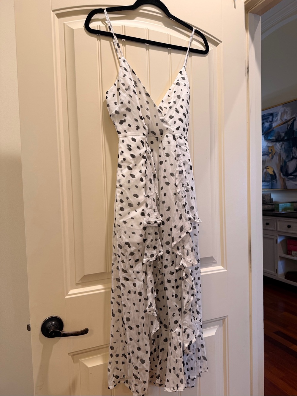 Indikah white Spotted Ruffle Midi Dress with V-Neck